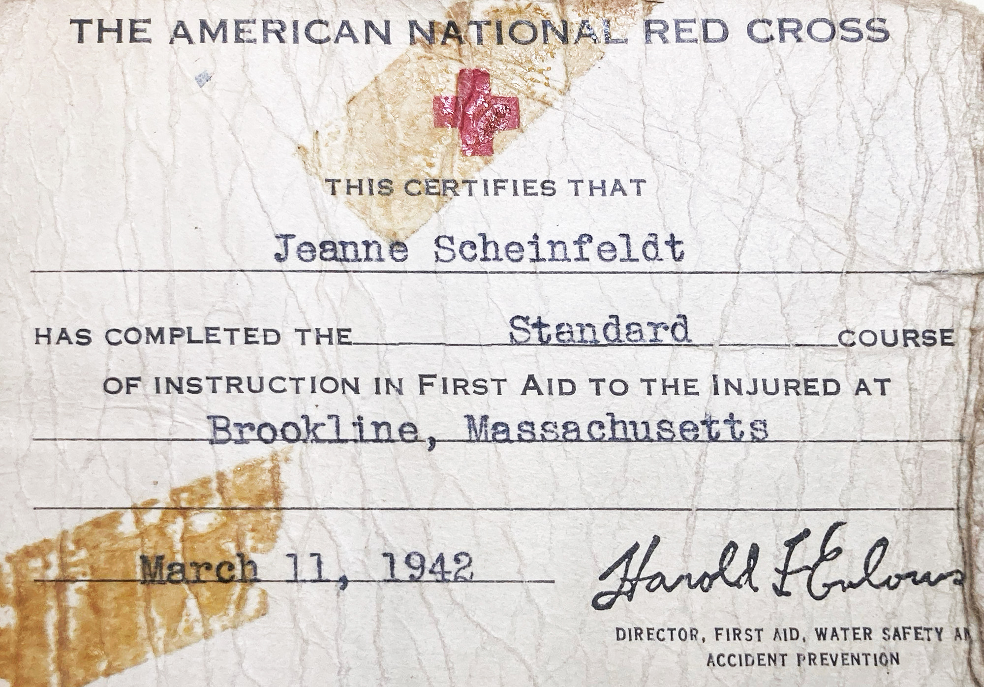 Jean Scheinfeldt Red Cross First Aid Card