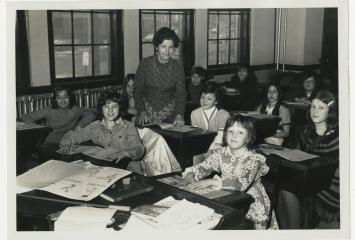 Students and teacher in classroom at Chelsea-Revere Hebrew School in Chelsea, date unknown, Chelsea-Revere Hebrew School (Chelsea, Mass.) Records in the JHC archive.