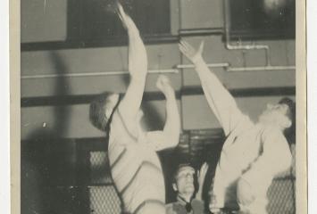 Playing basketball at Hecht House in Dorchester, circa 1930s, Boston YMHA-Hecht House Records in the JHC archive.