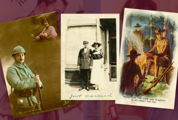 L and R, postcards sent from William to Minnie. At center, a photograph of William and Minnie just married.