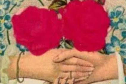 Image of old art object, hands clasping with flowers